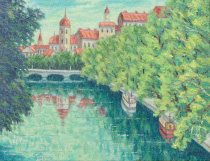 油絵「セーヌの湖畔（新緑）」の写真