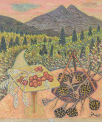 油絵「由布岳と秋の実り」の写真