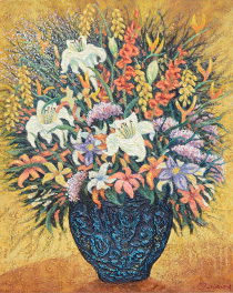 油絵「花と黒い花瓶」の写真