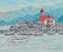 油絵「天草・崎津教会と港」の写真