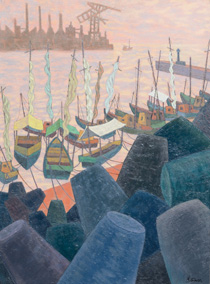 油絵「帆かけ船・船溜まり」の写真