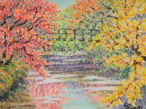 オイルパステル「錦秋の湖映」の写真