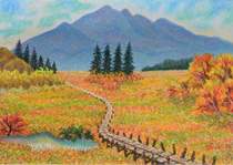 オイルパステル「秋の尾瀬路」の写真
