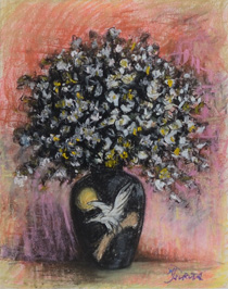 オイルパステル「黒いカビンと花」の写真