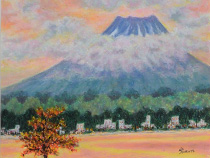 オイルパステル「富士落日・河口湖」の写真