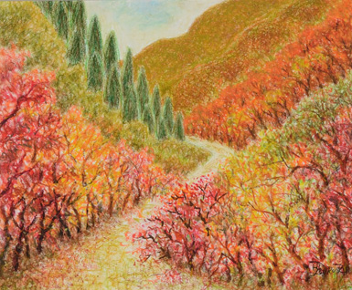 大山への道 紅葉径 - オイルパステル・クレパス - 絵画の通販なら洋画