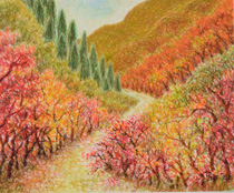 オイルパステル「大山への道 紅葉径」の写真