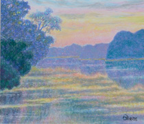 オイルパステル「水源池の夕景」の写真