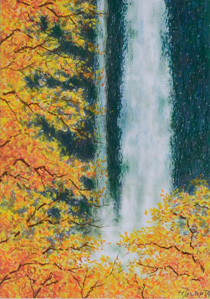 オイルパステル「黄葉と滝のある風景」の写真