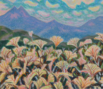 オイルパステル「仲秋の由布岳遠望」の写真