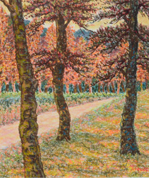 オイルパステル「紅葉の林道」の写真