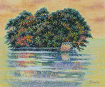 オイルパステル「湖映（無人島）」の写真