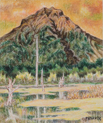 オイルパステル「上高地・焼岳」の写真