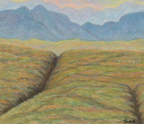 オイルパステル「落日の高原（九重高原」の写真