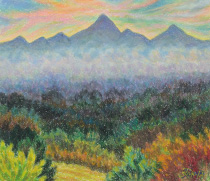 オイルパステル「落日・八ヶ岳遠望」の写真