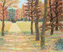 オイルパステル「秋日和りの林道」の写真
