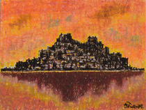 オイルパステル「軍艦島遠望」の写真