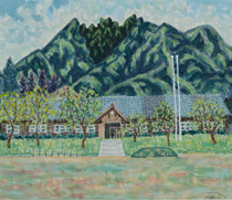 水彩「根子岳と旧小学校（高森上色見小）」の写真
